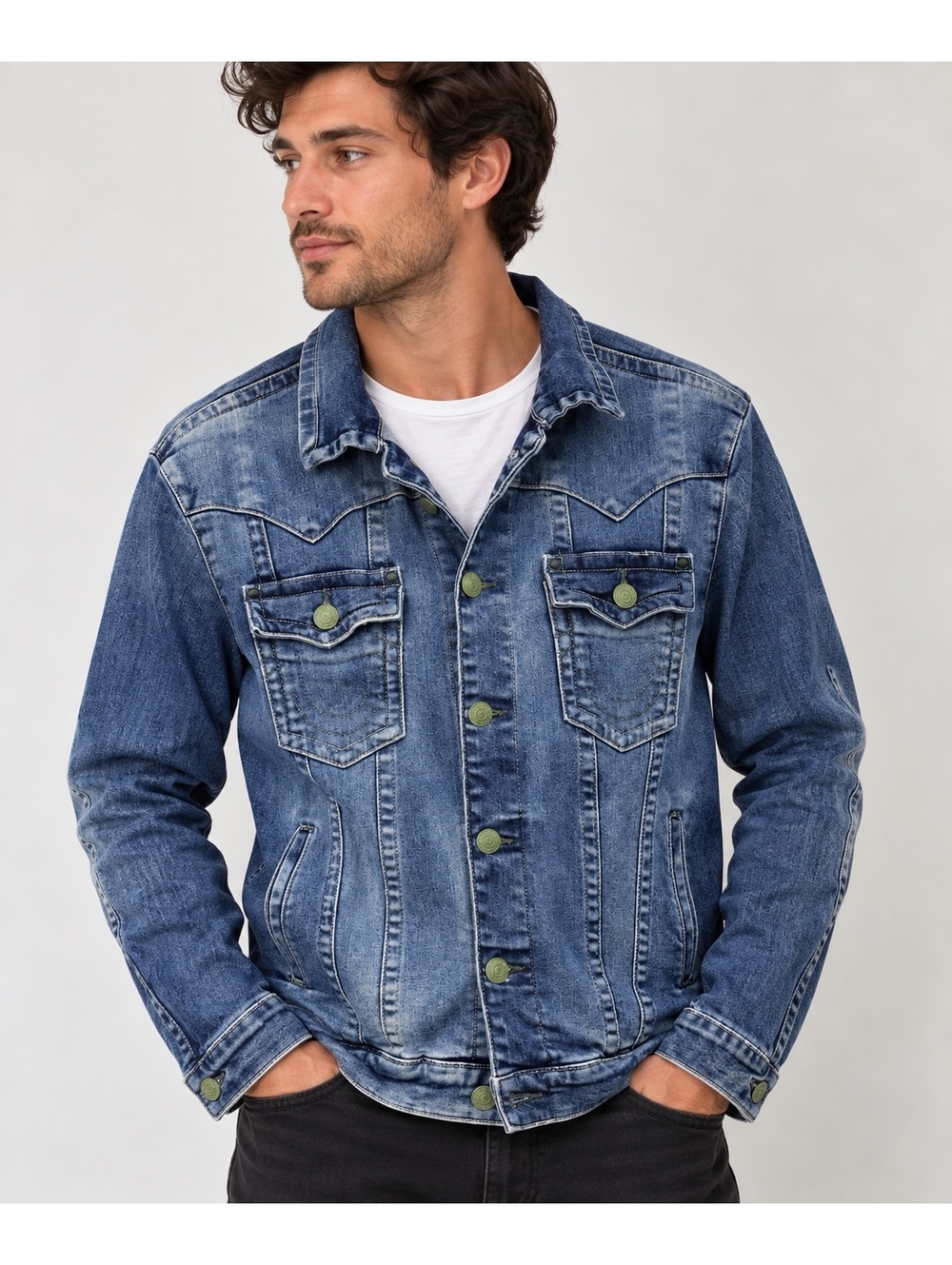 True Religion World Tour Denim Trucker Jacket Men’s L Green Hardware